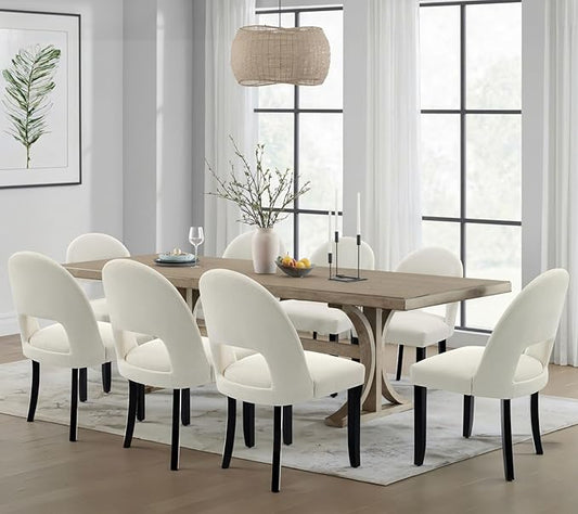 Dining Room Chairs Set of 8, Upholstered Wooden Dining Chairs, Modern Farmhouse Kitchen Chairs with Solid Wood Legs & Fabric Backrest, Cream White
