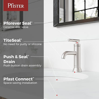 Pfister Capistrano Single Handle Bathroom Sink Faucet 1 Hole Brushed Nickel Finish with Push & Seal Drain NSF Certified WaterSense Compliant Vanity Faucet LF042CSOGS