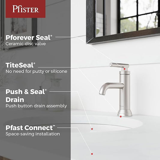 Pfister Capistrano Single Handle Bathroom Sink Faucet 1 Hole Brushed Nickel Finish with Push & Seal Drain NSF Certified WaterSense Compliant Vanity Faucet LF042CSOGS