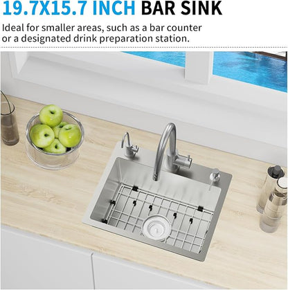 Kitchen & Bar Sink,19.7x15.7Inch Stainless Steel Drop In Small Kitchen&Bar Sink Ideal Choice For Small Space With Bottom Grid,Drain Basket And Drain Assembly Serve Both Kitchen&Bar