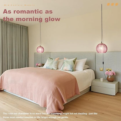 Hanging Plug in Lights for Ceiling 2 Pack, Pink Glass Chandelier Plug in Light Fixture, Modern Corded Hanging Lamps for Living Room Kitchen Dining Room Girls Bedroom