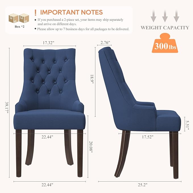 COLAMY Wingback Upholstered Side Dining Room Chairs Set of 4, Fabric Dining Chairs with Tufted Button, Living Room Chairs for Home Kitchen, Blue