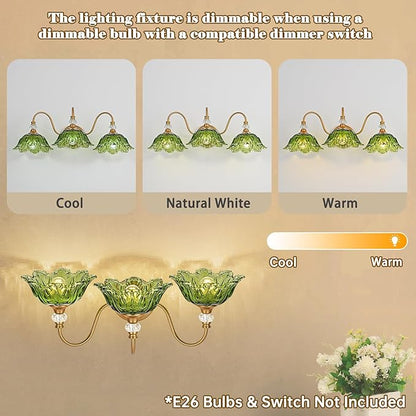 Vintage Bathroom Vanity Light, 3-Light Matte Brass Finish Vanity Light with Floral Green Glass Shades, Retro Wall Sconce for Bathroom, Dressing Table