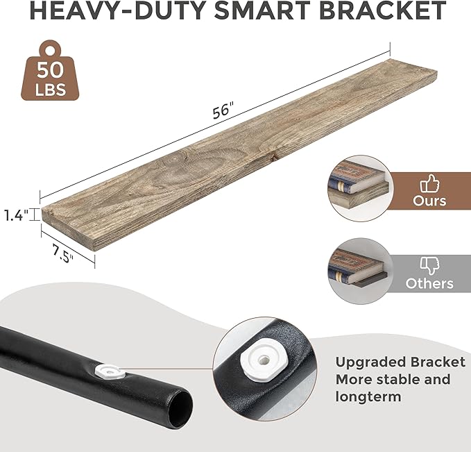 Dreamland 55 Inch Long Floating Shelf, Solid Reclaimed Wood Wall Shelves 7.5 Inch Deep for Storage with Invisible Heavy-Duty Metal Bracket, Set of 1, Grey
