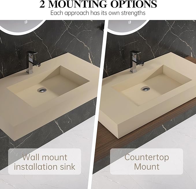 35" x 19" Bathroom Sink with Single Faucet Hole, Stone Resin Wall Mount Sink, Rectangle Solid Surface Vessel Sinks for Bathroom, Floating or Countertop Vessel Sinks, Latte Color