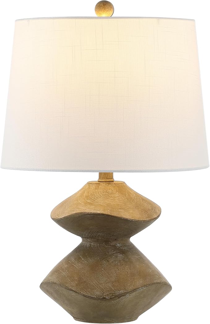 JONATHAN Y 21.5" Brown Wood Finish Coastal 3-Stack Cairn LED Table Lamp for Living Room, White Linen Shade, Rustic Mid-Century Modern Bedside Lamp for Bedroom Office (JYL4062A)