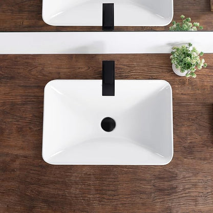 Bathroom Vessel Sink 21.6" X 14.3" Semi Recessed Bathroom Sink Rectangular Drop In Bathroom Sinks with Overflow White Ceramic Vessel Sinks for Bathroom Modern Above Counter Basin Vanity Sink