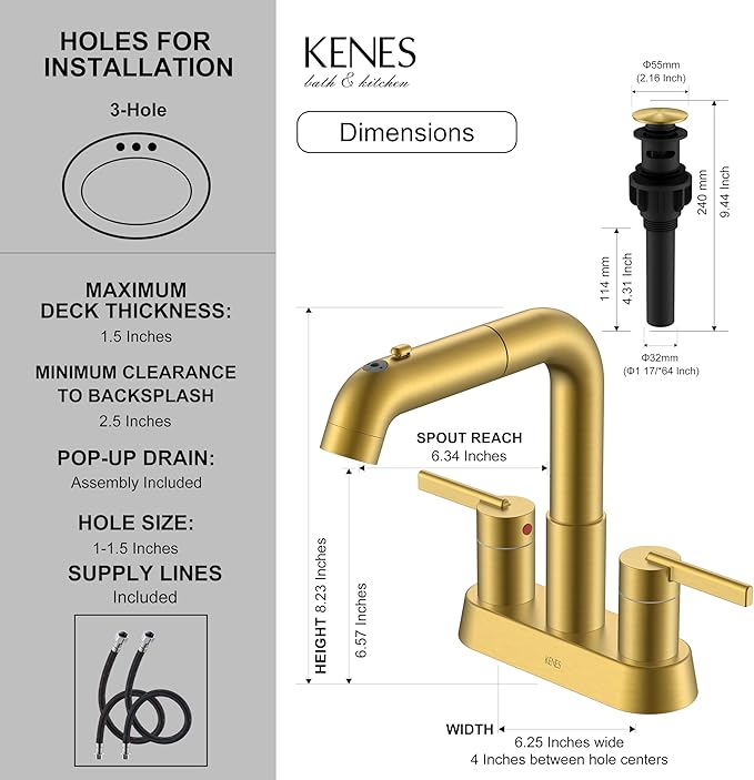 KENES Pull Down Bathroom Faucet with Sprayer, Brushed Gold 4 Inch 2 Handle Centerset Bathroom Faucet 3 Hole with Pull Out Sprayer, Vanity Faucet with Pop Up Drain & Supply Lines LJ-9059A-4
