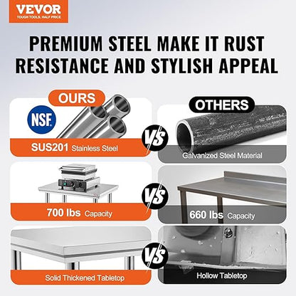 VEVOR Stainless Steel 24 x 24 x 32 Inch Commercial Kitchen Prep & Work Table Heavy Duty Metal Work Table with Adjustable Feet for Restaurant, Home and Hotel