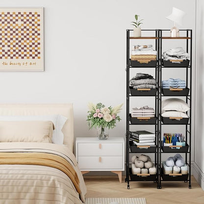 6-Tier Slim Rolling Storage Cart with Wheels, Metal Organizer Tall Rolling Cart, Wood Top Narrow Mobile Utility Cart with Pull-Out Baskets for Kitchen, Bathroom, Laundry Room, 13in(W) Black