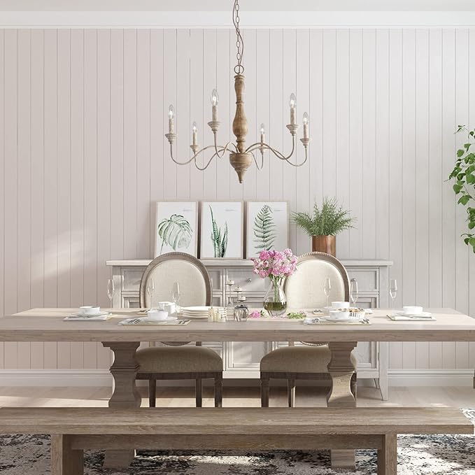 6-Light French Country Chandelier, Handmade Real Wood Farmhouse Chandelier, Distressed Finish Light Fixture for Dining Room, Living Room, Bedroom, Kitchen, Stairway, Kitchen