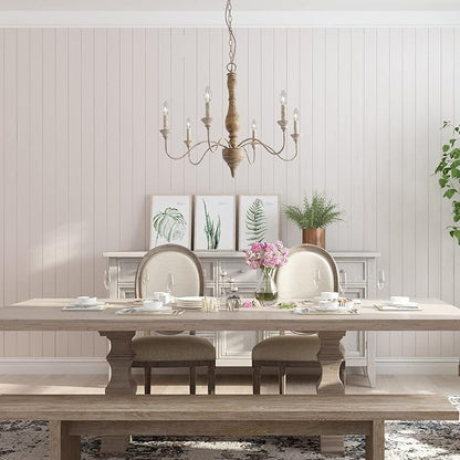 6-Light French Country Chandelier, Handmade Real Wood Farmhouse Chandelier, Distressed Finish Light Fixture for Dining Room, Living Room, Bedroom, Kitchen, Stairway, Kitchen