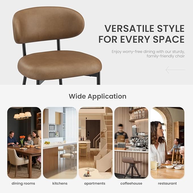 Upholstered Dining Chairs Set of 2, Modern Faux Leather Kitchen Chairs with Curved Backrest and Cushioned Seat, Sturdy Metal Legs, Comfortable Accent Chairs for Kitchen Dining Room,Living Room,Brown