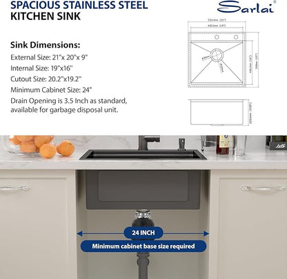 Sarlai Outdoor Kitchen Sink - 21 Inch Black Drop Bar RV Sink with Pull-out Faucet Gunmetal Black Drop In Workstation 21 x 20 Topmount Stainless Steel 16 Gauge Single Bowl Bar Prep Outdoor Sinks Basin