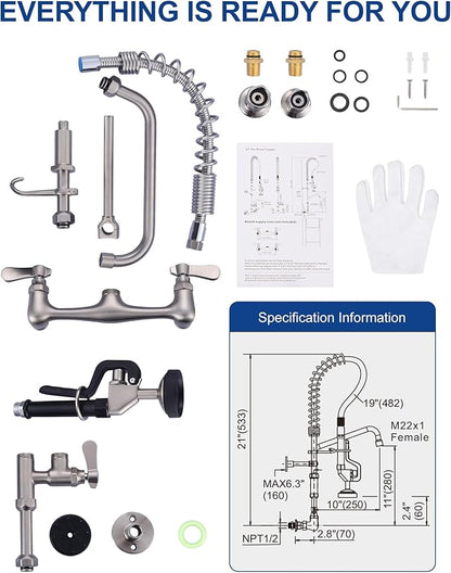 [New Upgrade] Brushed Nickel 21" Height Commercial Kitchen Faucet with Pre-Rinse Sprayer 8 Inch Center Wall Mount Kitchen Sink Faucet with 10" Add-on Swing Spout for 1/2 Compartment Sink
