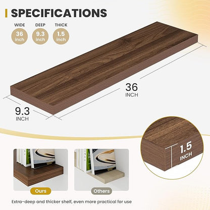 Acovy 36 Inch Floating Shelves, 9.3" Deep Floating Shelf Wall Mounted, 36" Wall Shelves, Rustic Deep Bookshelf, Large Display Shelves & Storage Shelves for Bedroom, Living Room, Walnut, Set of 2