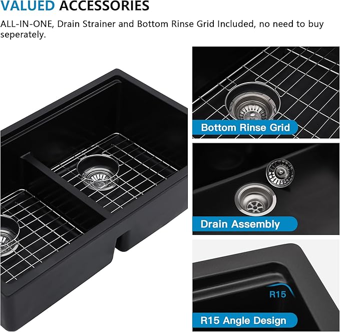 33 Granite Composite Kitchen Sink Double Bowl - Fulorni 33"x19" Granite Kitchen Sink Ledge Workstation Undermount Double Bowl 50/50 Matte Black Quartz Classic Under Counter Basin