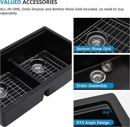 33 Granite Composite Kitchen Sink Double Bowl - Fulorni 33"x19" Granite Kitchen Sink Ledge Workstation Undermount Double Bowl 50/50 Matte Black Quartz Classic Under Counter Basin