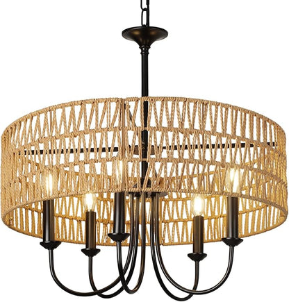 24 Inch Farmhouse Rattan Chandelier, Hand-Woven Boho Pendant Light Fixture with Black Metal Frame, Rustic Hanging Ceiling Lighting for Dining Room, Kitchen Island, Living Room, Bedroom