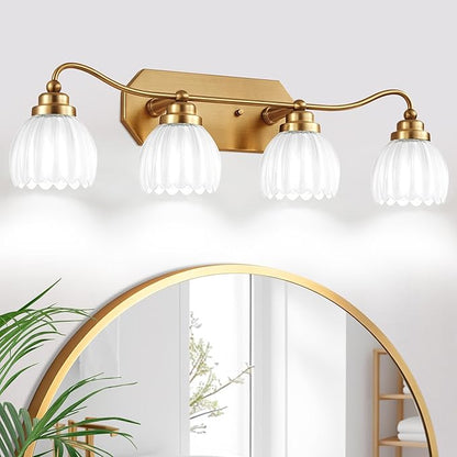 Vintage Bathroom Light Fixtures, Gold Bathroom Vanity Light, Matte Antique Brass Finish with Crystal Glass Shade, Wall Sconces Lighting for Bedroom, Living Room, Hallway (Milk White, 4-Light)