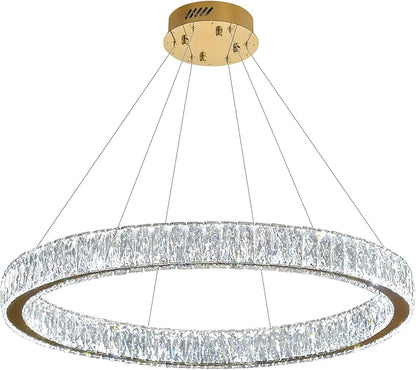Modern LED Dimmable Crystal Chandelier 39.4" Ring Pendant Light Adjustable Gold Round Crystal Chandelier Light Fixtures for Dining Room Living Room
