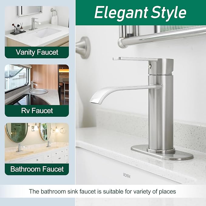 VOTON Waterfall Bathroom Faucet Brushed Nickel, Single Handle 1 or 3 Hole Modern Sink Faucet with Deck Plate & Pop-Up Drain, Vanity Washbasin Tap