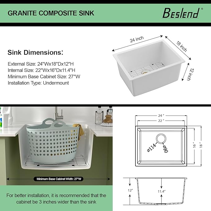 24 Inch Laundry Sink Undermount – 24 x 18 x 12 Inch Quartz Granite Composite White Utility Sink 12 Inch Granite Basin, Durable Single Bowl Deep Basin for Laundry Room