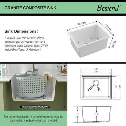 24 Inch Laundry Sink Undermount – 24 x 18 x 12 Inch Quartz Granite Composite White Utility Sink 12 Inch Granite Basin, Durable Single Bowl Deep Basin for Laundry Room