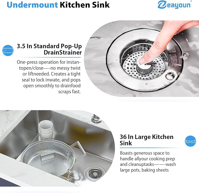 36 Inch Undermount Kitchen Sink 16 Gague Stainless Steel Single Bowl Handmade Sinks Round Corners Large Deep Under Counter Basin, 36"x19"x9"