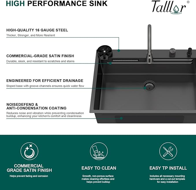 36 Inch Black Drop In Kitchen Sink with Faucet Waterfall 16 Gauge Stainless Steel Workstation All-In One Single Bowl 3-Holes Sink with Cup Washer, Soap Dispenser, Gunmetal Black #TLWF-0032