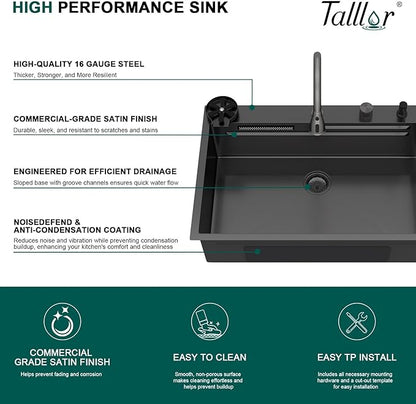 36 Inch Black Drop In Kitchen Sink with Faucet Waterfall 16 Gauge Stainless Steel Workstation All-In One Single Bowl 3-Holes Sink with Cup Washer, Soap Dispenser, Gunmetal Black #TLWF-0032