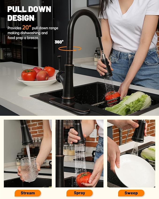 APPASO Oil Rubbed Bronze Kitchen Faucet with Pull Down Sprayer, Antique Bronze Single-Handle High Arc Single Hole, cUPC-Certified Pull-Out Hose, Water Supplies and Valve Core