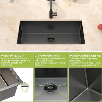 30 Inch Black Kitchen Sink Undermount-30x18x9 Stainless Steel Sinks Single Bowl black sink 304 18 Gauge Basin with Drain Assembly