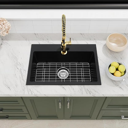 Davivy 27 inch Black Granite Composite Kitchen Sink, 27 x19 Black Quartz Topmount/Drop In Kitchen Sink, Single Bowl Design