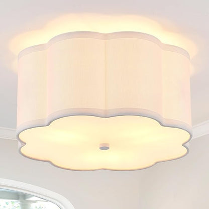 Modern Drum Semi Flush Mount Ceiling Light Fixture Modern 12.99” White 3-Lights Drum Ceiling Lighting Vintage Linen Ceiling Lamp for Kitchen, Basement, Dining Room, Bedroom, Laundry Room