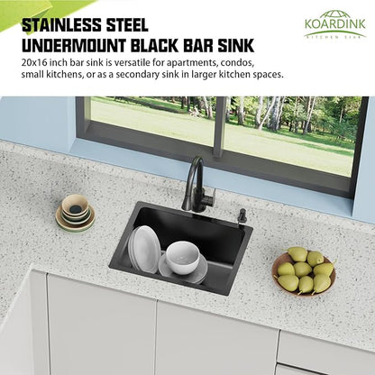 Black 20x16 In Kitchen And Bar Sink- Stainless Steel Undermount Kitchen Sink Modern Single Bowl Drop In Bar Sink With Silicon Mat,Drain Strainer Set Compatibility With Various Kitchen & Bar Style