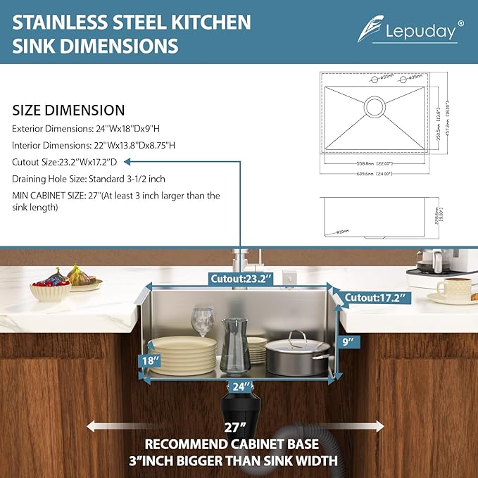 Drop In Bar Sink 24×18x9 Inch Kitchen Sink Drop In Stainless Steel Topmount Sinks 16 Gauge Single Bowl Topmount RV Sinks