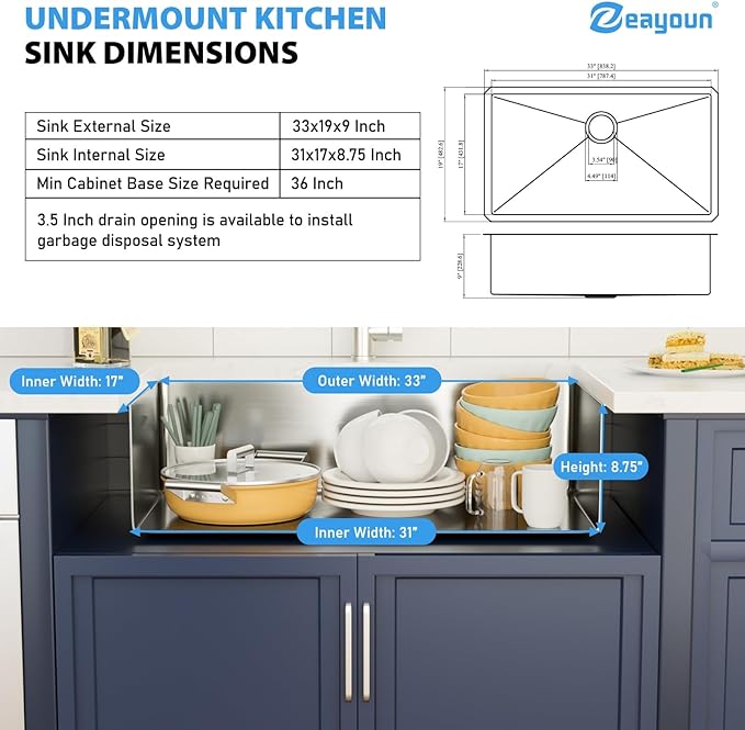 33 Inch Undermount Kitchen Sink 16 Gague Stainless Steel Single Bowl Handmade Kitchen Sinks Large Deep Under Counter Basin 33"x19"x9"