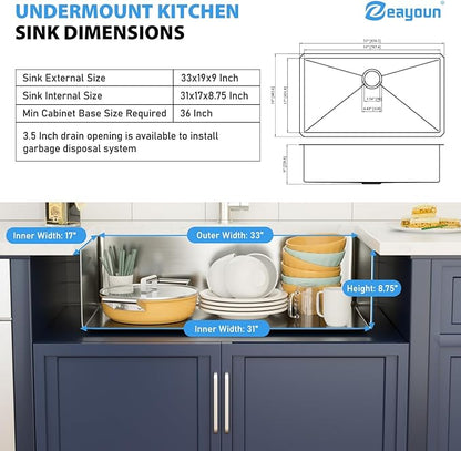 33 Inch Undermount Kitchen Sink 16 Gague Stainless Steel Single Bowl Handmade Kitchen Sinks Large Deep Under Counter Basin 33"x19"x9"
