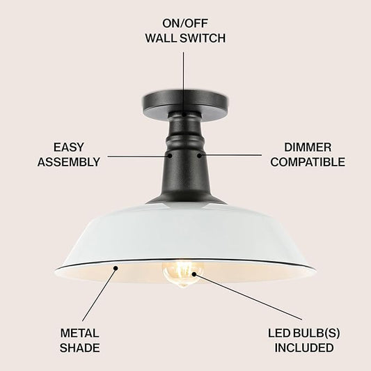 JONATHAN Y 14" White/Black 1-Light Industrial LED Semi Flush Mount Ceiling Light for Porch, Kitchen, Entryway, Modern Farmhouse Iron Fixture, White Metal Shade, LED Bulb Included JYL7617A