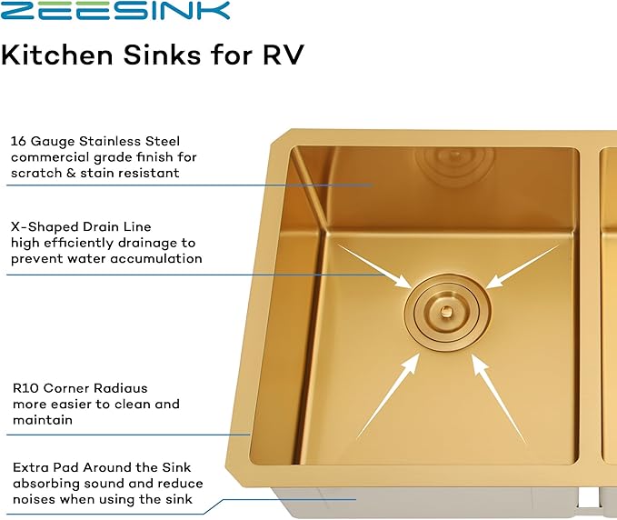 Gold RV Kitchen Sink 27 X 16 inch,50/50 Double Bowl Undermount Kitchen Sink,16 Gauge Stainless Steel Kitchen Sinks for RV