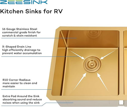 Gold RV Kitchen Sink 27 X 16 inch,50/50 Double Bowl Undermount Kitchen Sink,16 Gauge Stainless Steel Kitchen Sinks for RV
