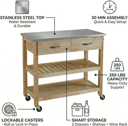Casaphoria Amanda Collection Solid Wood Kitchen Island, 42" Butcher Block Cart with Stainless Steel Top & Locable Wheels, Prep Table for Small Spaces (Natural)