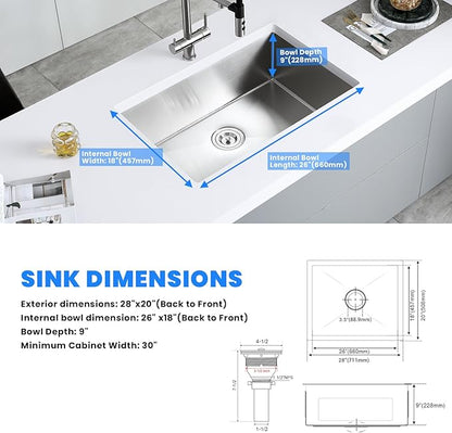 POPFLY 28×20 Inch Undermount SUS 304 Kitchen Sink, 18 Gauge Stainless Steel Handmade 9 Inchs Deep Single Bowl Bar Sinks, Brushed Nickel