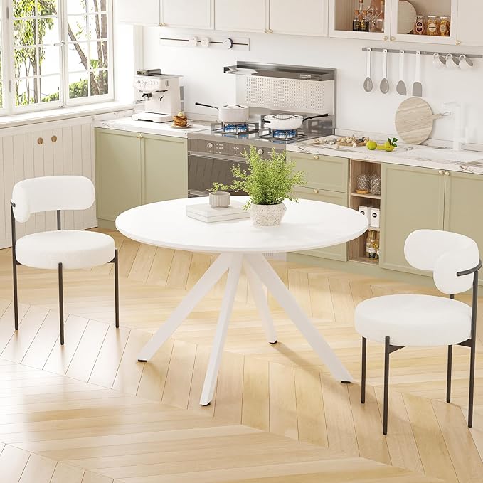 47" Solid Wood Island Table, Rustic Dining Table with Sturdy X-Base, Farmhouse Dining Table with Scratch-Resistant Pads for Dining Room & Kitchen, White