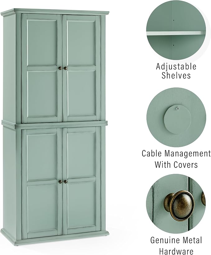 Crosley Furniture Holbrook Traditional Tall Kitchen Pantry, Laundry Room Cabinet, Bathroom Storage Cabinets, Distressed Seafoam Blue