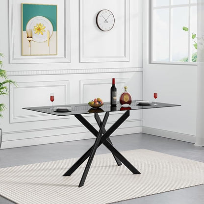 51inch Modern Dining Table for 4, Glass Kitchen Dining Room Table for 4, 0.32" Tempered Glass Tabletop and Black Metal Legs,Rectangle Black Glass Tables for Kitchen, Dining Room