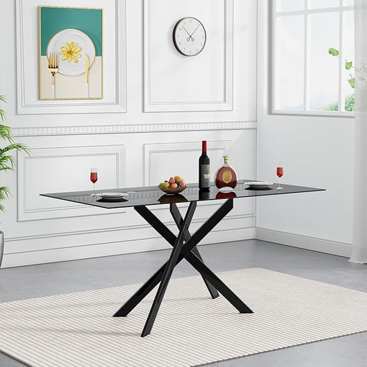 51.2'' Glass Dining Table for 4, Rectangular Dining Room Table for 4, X-Shape Black Metal Legs, Kitchen Dining Room Living Room Black Glass Top Kitchen Table for 2