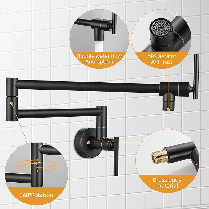Fransiton Matte Black Pot Filler, Pot Filler Faucet Wall Mount, Brass Folding Stretchable with Double Joint Swing Arm Single Hole Two Handles Kitchen