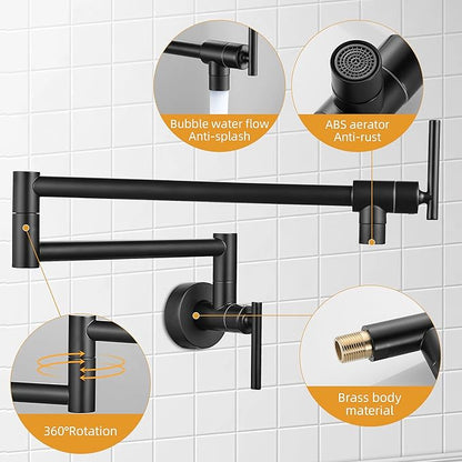 Fransiton Matte Black Pot Filler, Pot Filler Faucet Wall Mount, Brass Folding Stretchable with Double Joint Swing Arm Single Hole Two Handles Kitchen